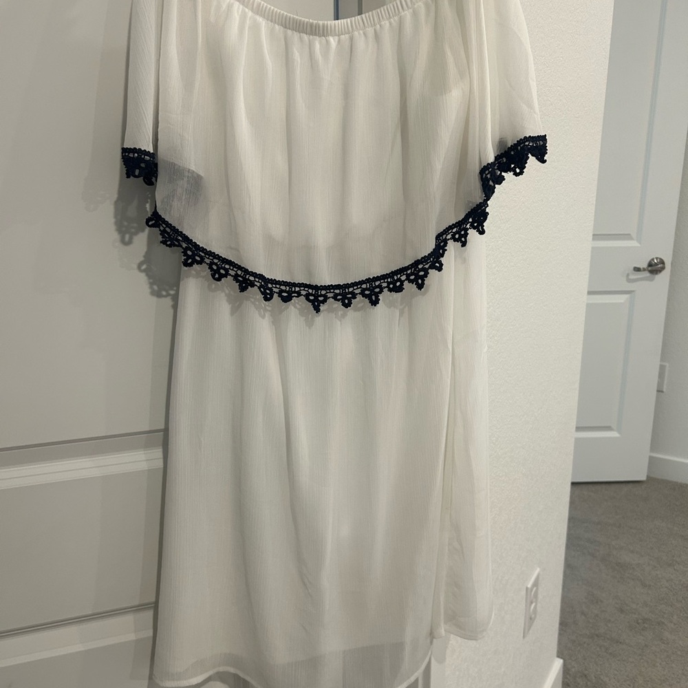 White Off-Shoulder Dress with Navy Blue Lace Trim